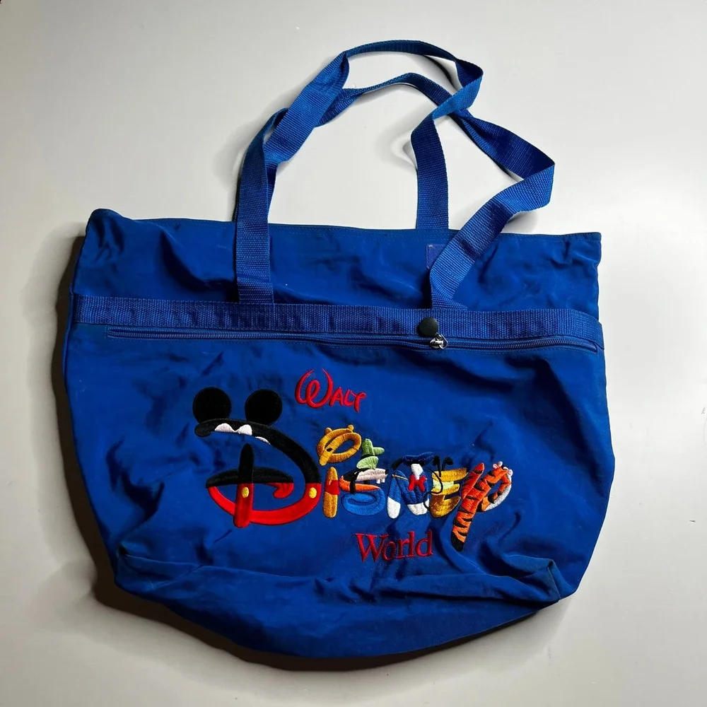 Walt Disney World Blue Nylon Tote Bag Character Embroidered‎ Mickey Pooh Tigger